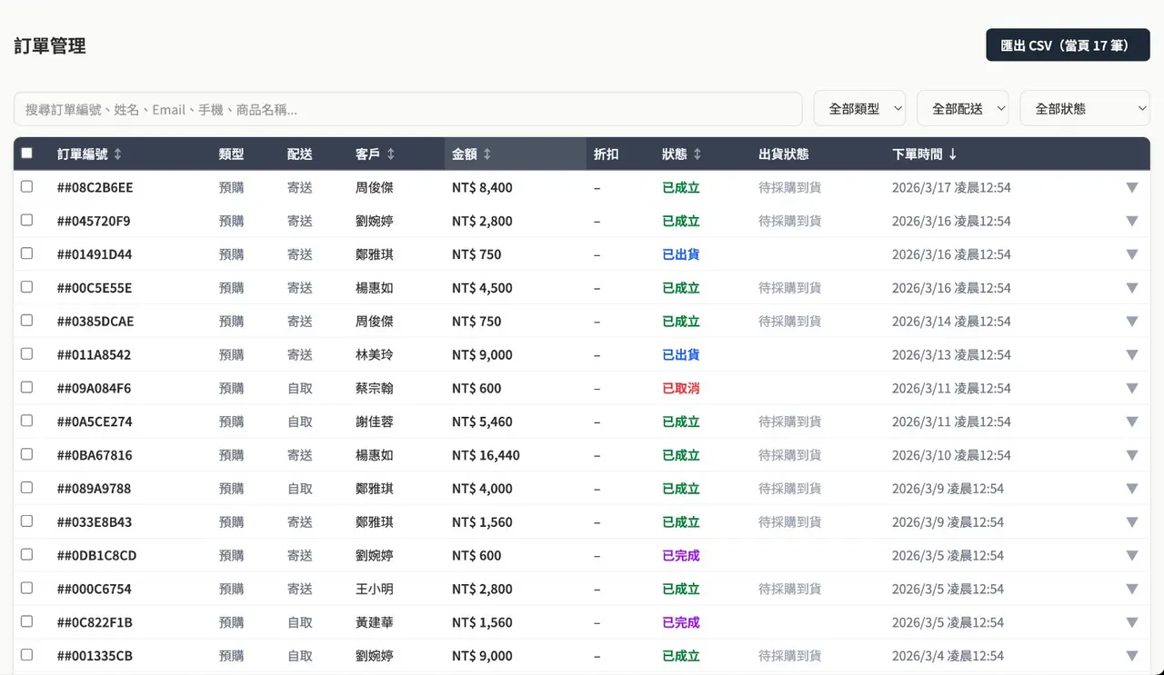 ToyChain 後台桌機版訂單管理截圖